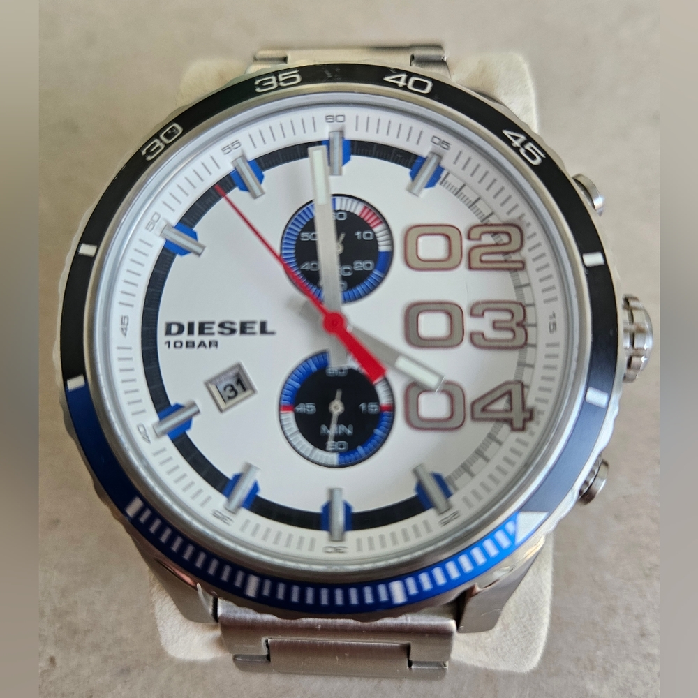 Diesel Double Down Stainless Steel White Dial Chronograph Oversized Watch